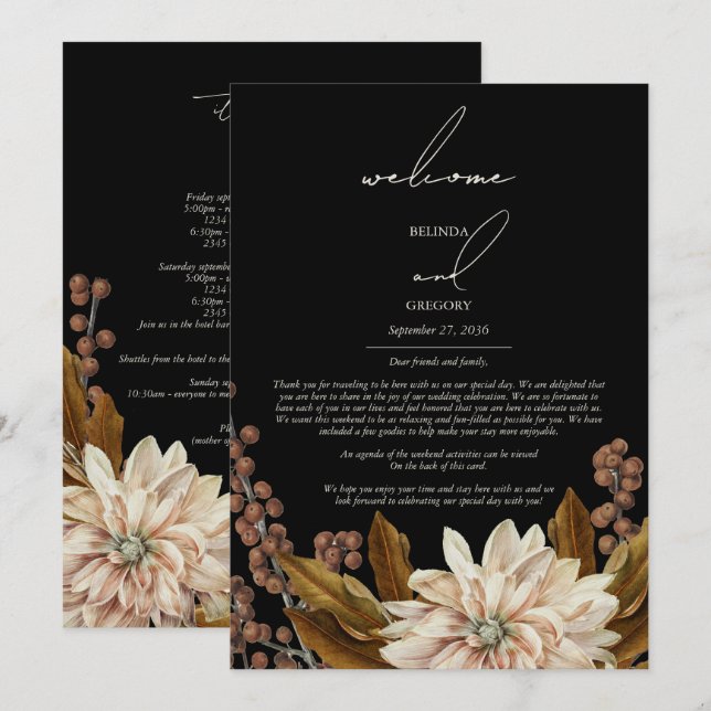 Programa Autumn Fall Floral Black Weding Itinerário (Frente/Verso)