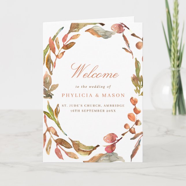Programa Autumn Leaves Wreath Folheed Wedding Program (Frente)