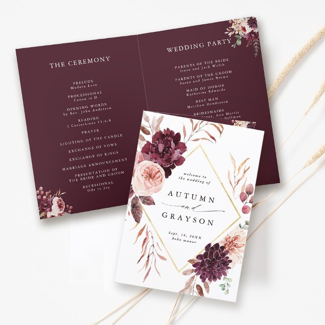 Programa Autumn Romance Burgundy Wedding Program (Front & Inside)