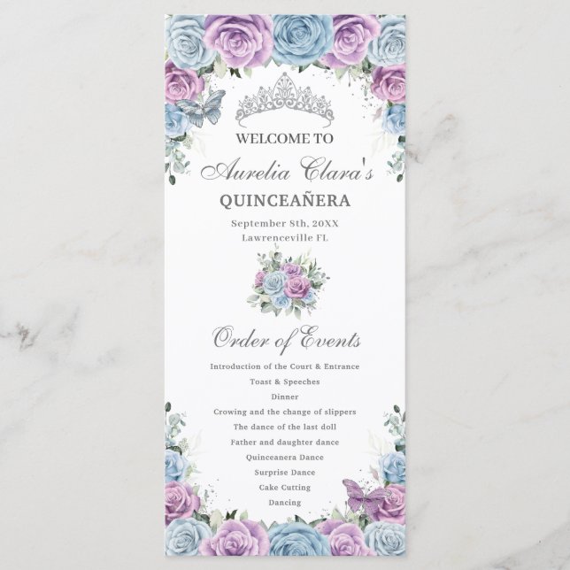 Programa Baby Blue Purple Floral Quinceañera Order Events (Frente)