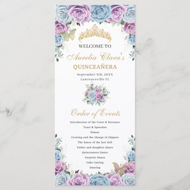 Programa Baby Blue Purple Floral Quinceañera Order Events (Frente)