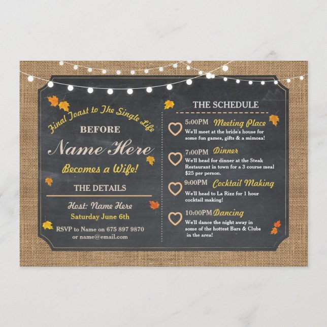 Programa Bachelorette Itinerário do giz do Chá de panela de (Frente)