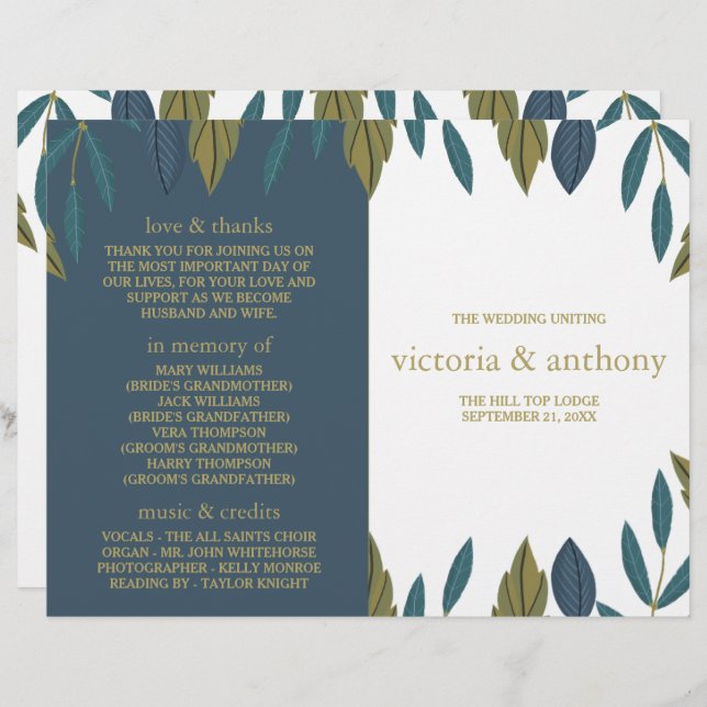 Programa Bi-Fold de Casamento Floral Rustic Leaf (Frente/Verso)