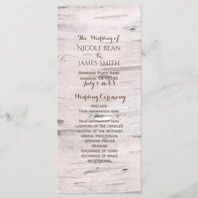Programa Birch Tree & Heart Rustic Weding Program (Frente)