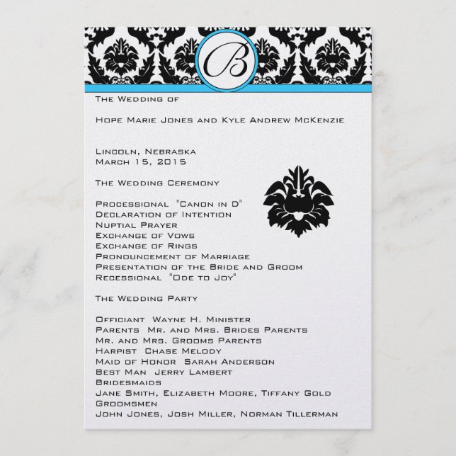 Programa Black Damask On White Aqua Trim Weding Program (Frente)