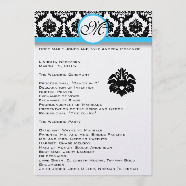 Programa Black Damask On White Aqua Trim Weding Program (Frente)