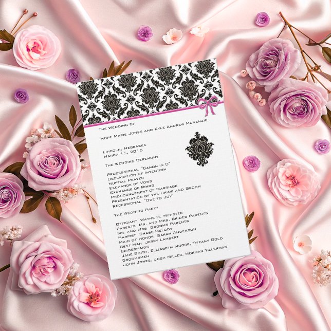 Programa Black Damask On White Pink Trim Weding Program (Criador carregado)