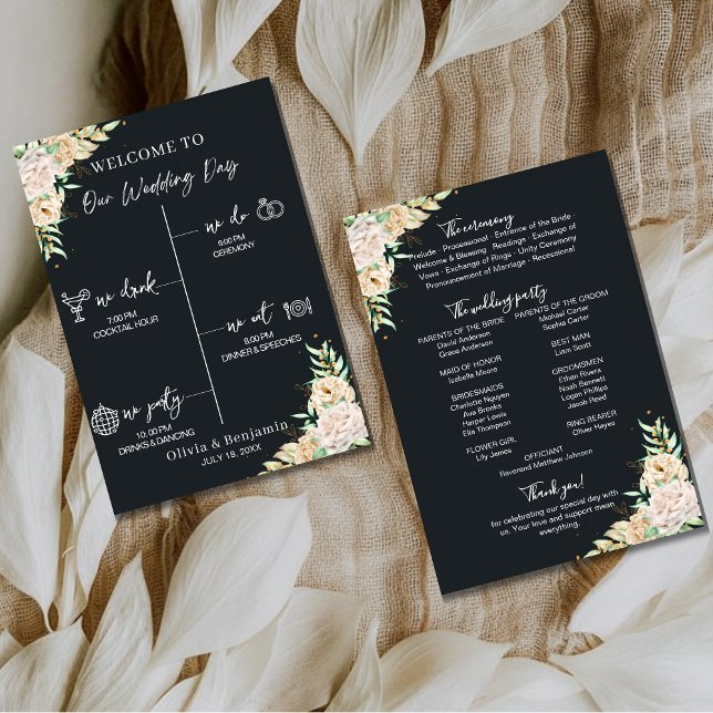 Programa Black Floral Wedding Program & Timeline Card (Criador carregado)