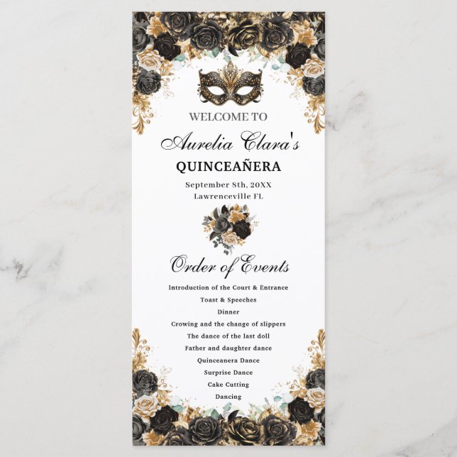 Programa Black Gold Floral Masquerade Mask Quinceañera  (Frente)