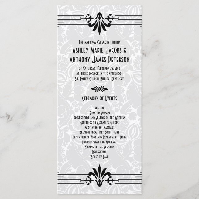 Programa Black White Roaring 20s Art Deco Wedding Program (Frente)