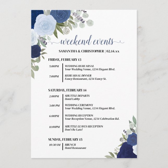 Programa Blue Boho Roses Wedding Events & Timeline (Frente)