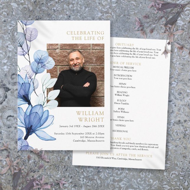 Programa Blue Floral Memorial Funeral Order (Blue Floral Memorial Funeral Order Of Service Program)