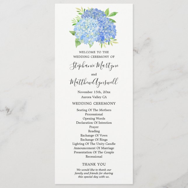 Programa Blue Hydrangea Flowers Watercolor Casamento (Frente)