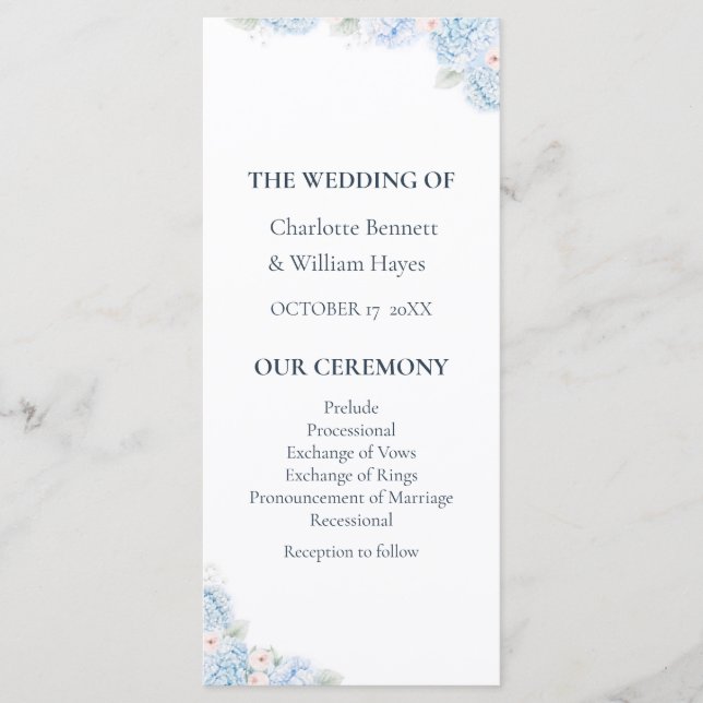 Programa Blue Hydrangea Watercolor Floral Wedding Program (Frente)