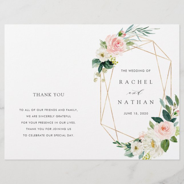 Programa Blush Bloom Dourado de Casamento Dobrado (Frente)