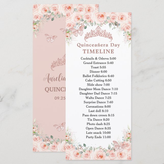 Programa Blush Floral Rose Gold Quinceanera Day Timeline (Frente/Verso)
