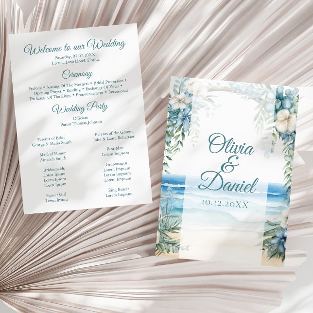 Programa Boho Beach Blue Floral Arch Weding Program (Boho Beach Blue Floral Arch Wedding Program on a sunny neutral dry palm leaf.)