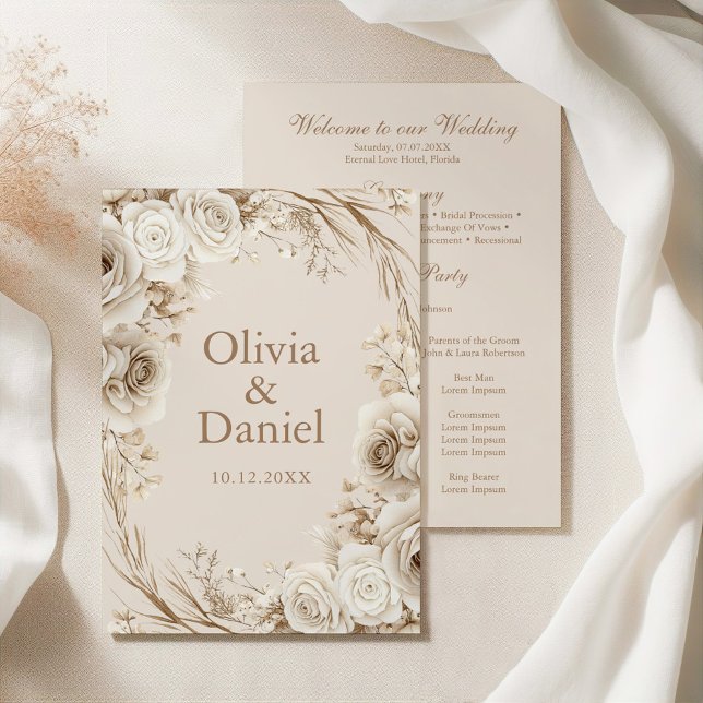 Programa Boho Beige Dried Flower e White Roses Casamento (Boho Beige Dried Flower and White Roses Wedding Program on an elegant silky tablecloth)