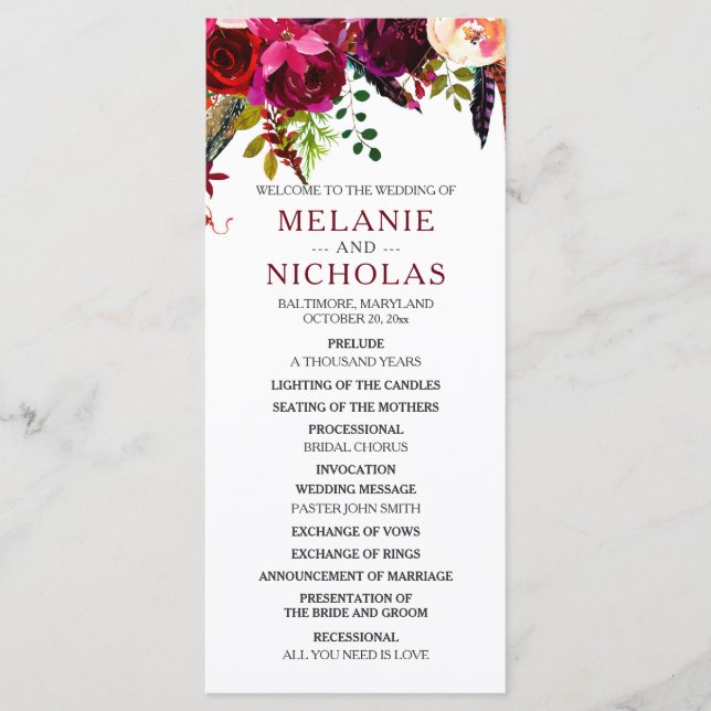 Programa Boho Burgundy Floral Wedding Program, 3979 (Frente)
