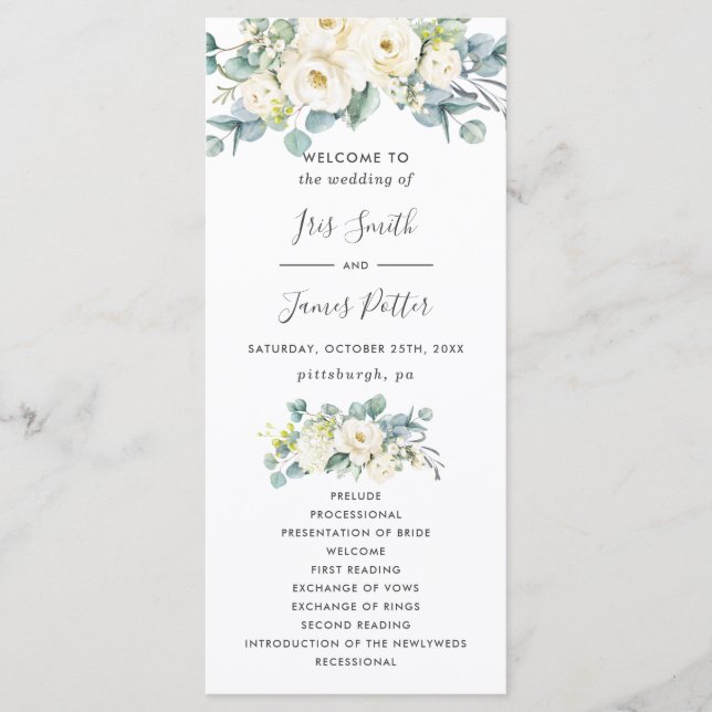Programa Boho Chic White Floral Eucalyptus Wedment Program (Frente)