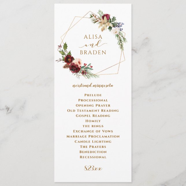 Programa Boho De Casamento De Natal De Inverno Burgundy (Frente)