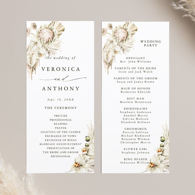 Programa Boho Protea Pampas Grass Cerimônia de Casamento Fl (Front & Back)