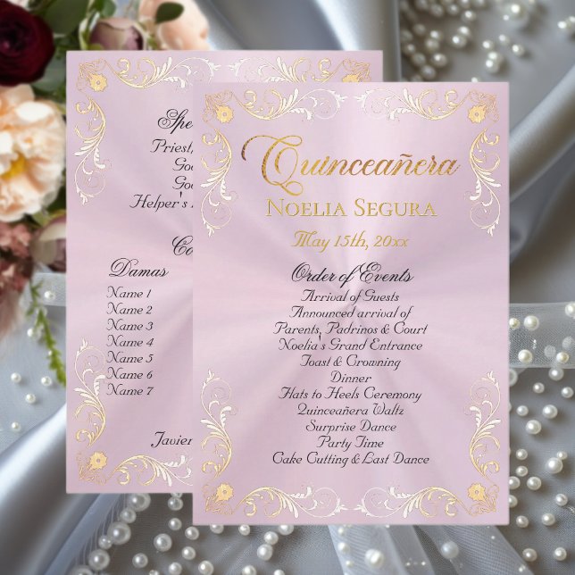 Programa Borda Vintage Dourada Quinceanera - Rosa Pastel (Criador carregado)