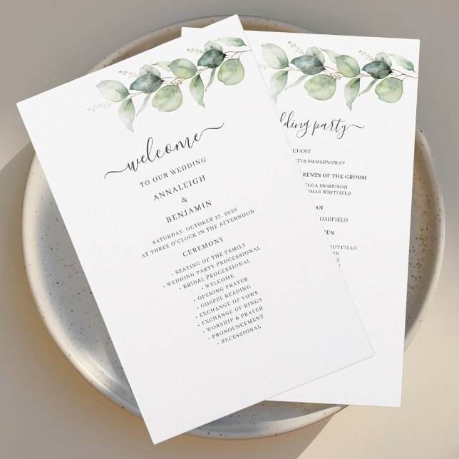 Programa Botânico de Casamento com Verde de Eucali (Elegant Eucalyptus Greenery Script Wedding Welcome Program Stationery)