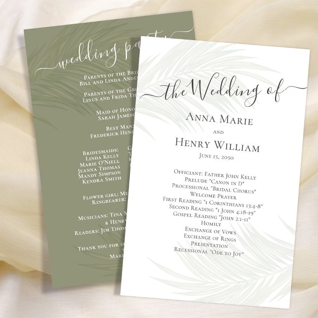 Programa Botânico Verde de Casamento Folgas (Elegant Wedding Program template with tropical green palm leaves. )