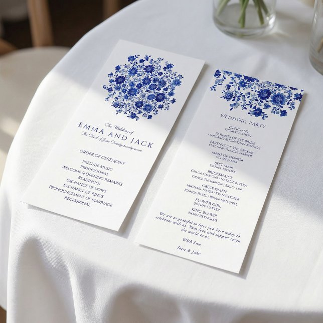 Programa Buquê Azul Aquarela Ordem de Cerimônia de Casament (Watercolor Blue Bouquet Wedding Order of Ceremony Program)