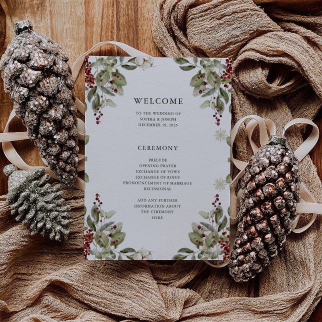 Programa Buquê Elegante | Casamento de Natal (A classic and elegant holiday wedding program with watercolor Christmas greenery and berries)