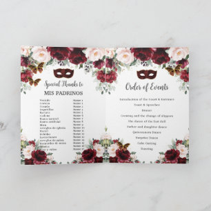 Programa Burgundy Blush Floral Dourada Quinceañera Mascarad