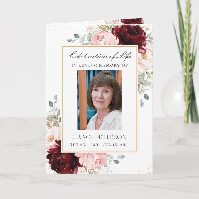 Programa Burgundy Blush Floral Greenerescência Foto Funeral (Frente)