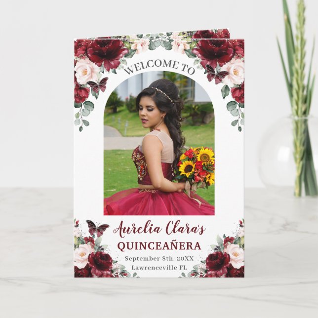 Programa Burgundy Blush Floral Quinceañera Ordem dos Aconte (Frente)