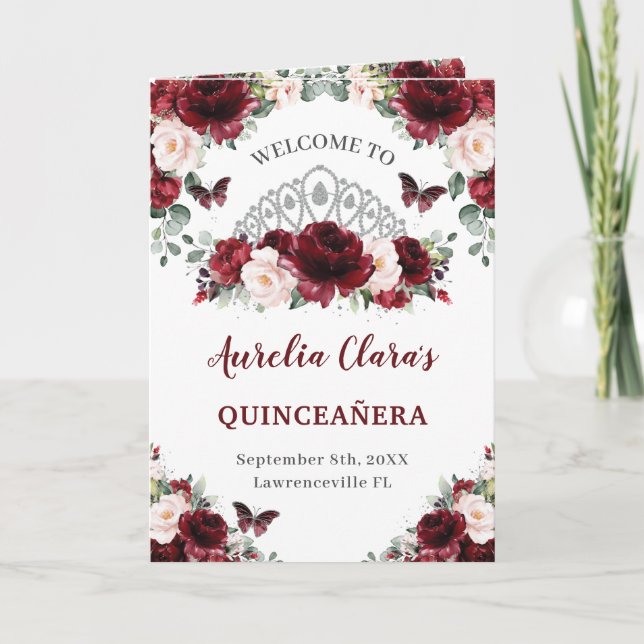 Programa Burgundy Blush Floral Quinceañera Ordem dos Aconte (Frente)
