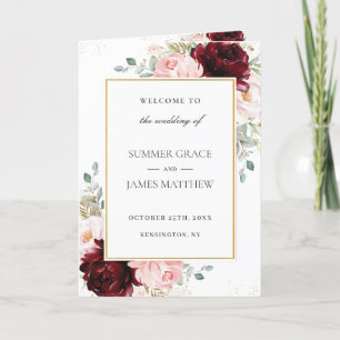Programa Burgundy Blush Pink Floral Dourado Casamento