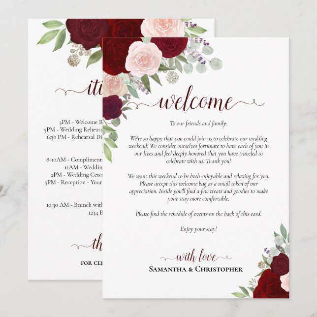 Programa Burgundy Blush Roses Wedding Welcome & Itinerary (Frente/Verso)