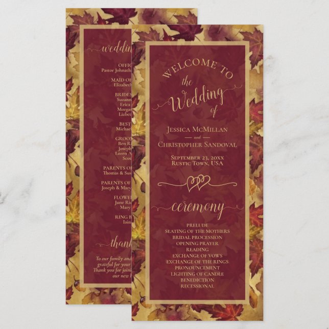 Programa Burgundy & Gold Autumn Leaves Elegant Wedding (Frente/Verso)