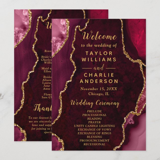 Programa Burgundy Red and Gold Agate Wedding Program (Frente/Verso)