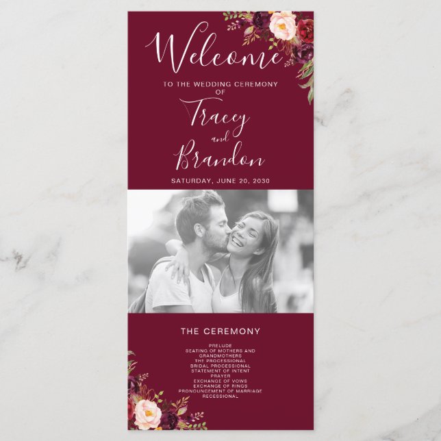 Programa Burgundy Red Floral Hand Lettered Photo Weds (Frente)