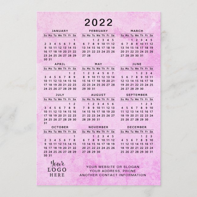 Programa Calendário rosa 2022 Seu logotipo de empresa (Frente)