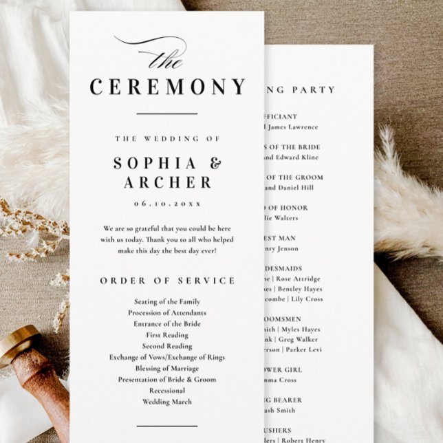 Programa Caligrafia Elegante Casamento Negro e Branco (Elegant simple black and white wedding ceremony program.)