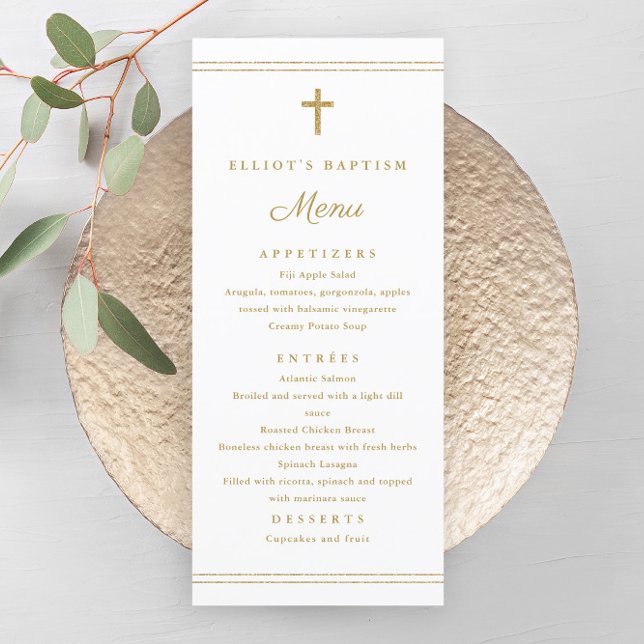 Programa Cardápio de Batismo Cruz de Ouro Elegante (Elegant gold cross gender neutral baptism menu.)