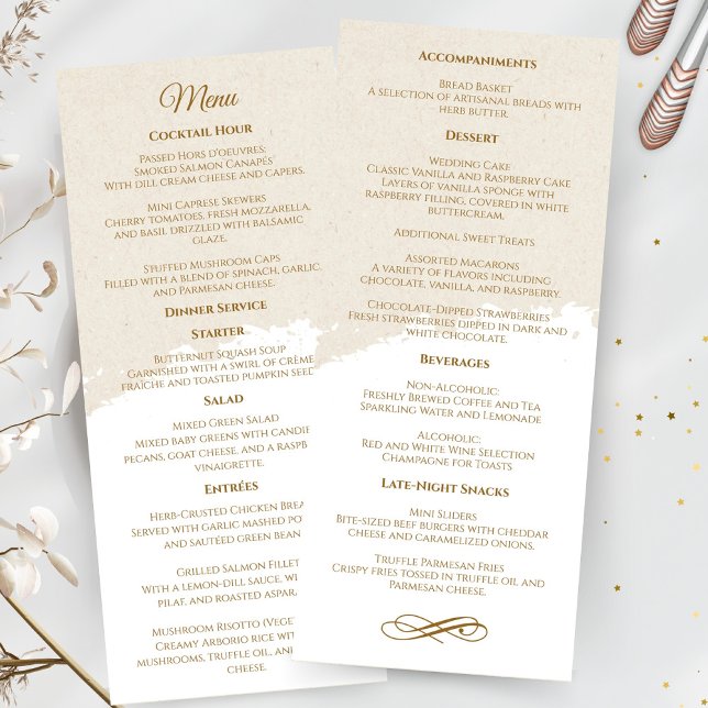 Programa Cardápio de Casamento em Grafia Dourada Elegante (elegant gold script wedding menu)