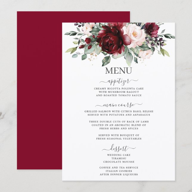 Programa Cardápio de Casamento Floral Rosa Bege Burgundy Rú (Frente/Verso)