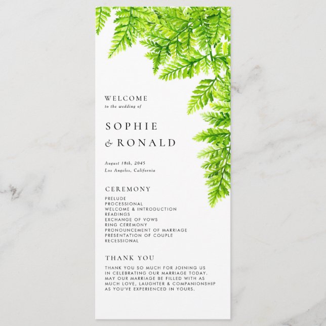 Programa Carta de casamento de folhas de samambaia verde ch (Frente)