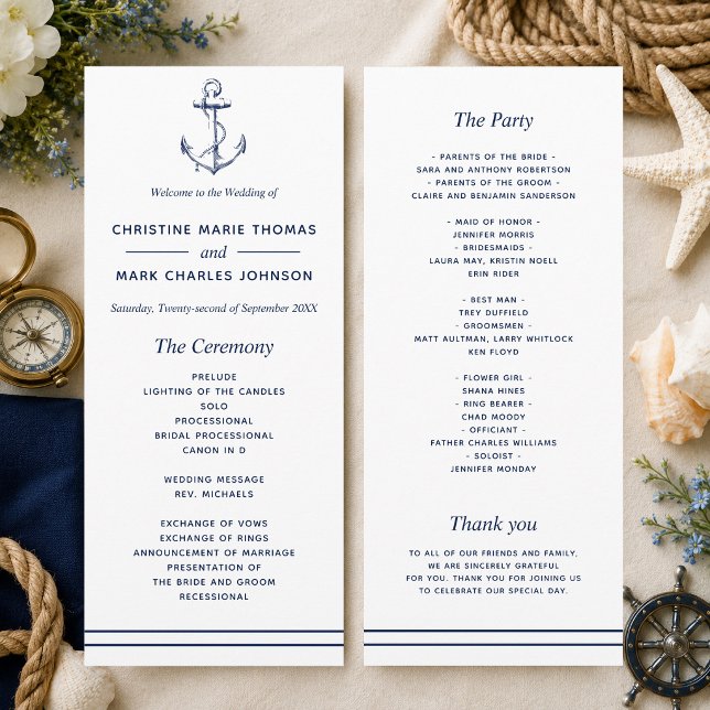 Programa Casamento Âncora Marinha Náutica (A nautical themed program perfect for beach weddings and weddings by the sea! )