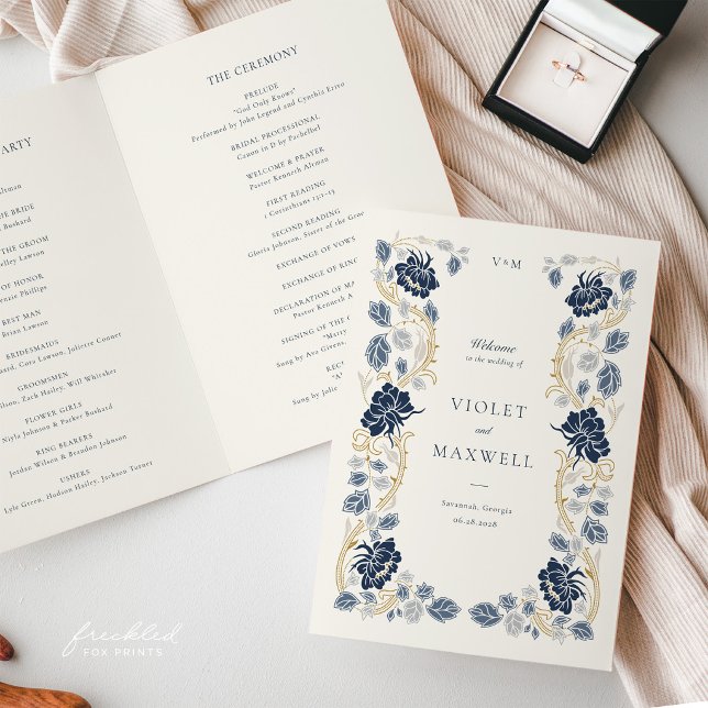 Programa Casamento Art Nouveau Floral Azul Naval Dourado (Navy Blue and Gold Art Nouveau Wedding Program Booklet)