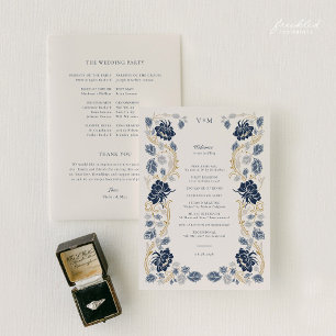 Programa Casamento Art Nouveau Floral Azul Naval Dourado