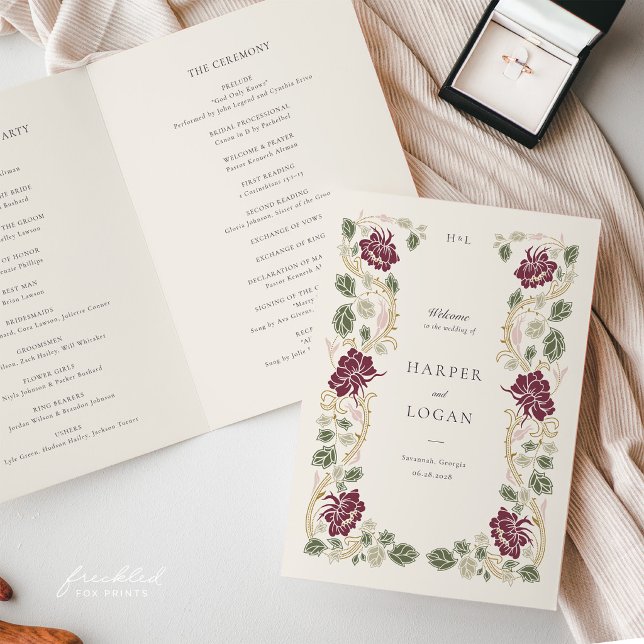 Programa Casamento Art Nouveau Floral Borgonha (Burgundy Floral Art Nouveau Wedding Program Booklet)